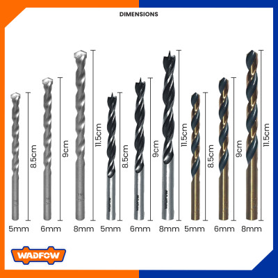 BỘ 9 MŨI KHOAN GỖ, XOẮN ỐC, BÊ TÔNG WTD6B01 WADFOW - HÀNG CHÍNH HÃNG