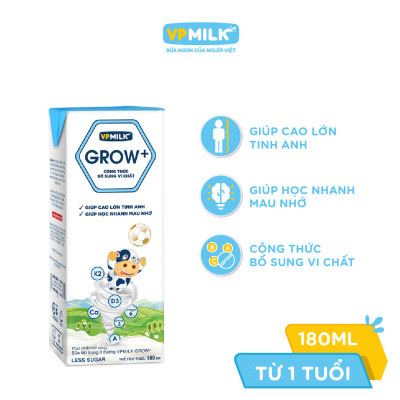 Sữa Tiệt Trùng Ít Đường VPMilk Grow+ Hộp 180ml (Thùng 48 Hộp)