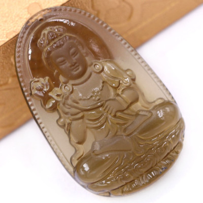 Mặt Phật Đại thế chí obsidian ( thạch anh khói ) 5 cm kèm vòng cổ dây dù nâu - mặt dây chuyền size lớn - size L, Mặt Phật bản mệnh
