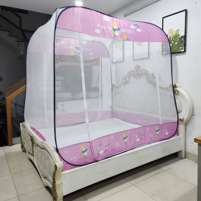 Màn Chụp , Mùng Chụp Cao Cấp Mộc Miên Đỉnh Vuông - Kích Thước 1,8mx2m ( Trắng Viền Hồng )