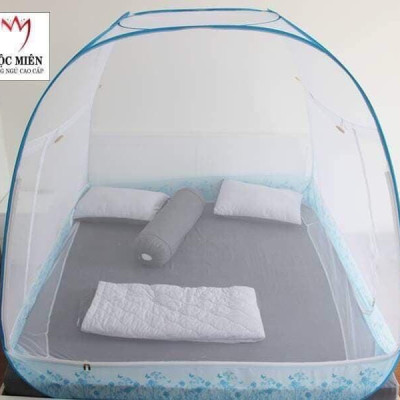Màn Chụp , Mùng Chụp Tự Bung Cao Cấp Mộc Miên Đỉnh Rộng - Hoạ Tiết Hoa Lá Trắng Viền Xanh ( Hà Nội )