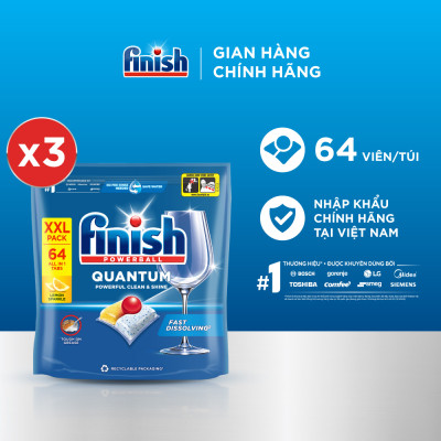 Combo 3 Viên Rửa Chén Bát Finish Powerball Quantum Powerful Clean & Shine 64 viên
