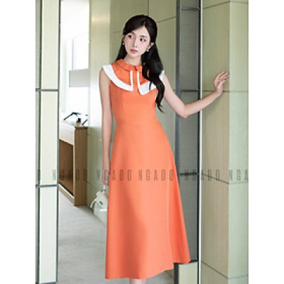 Đầm cam cổ sen phối trắng NGADO, đầm dự tiệc , đầm dạo phố