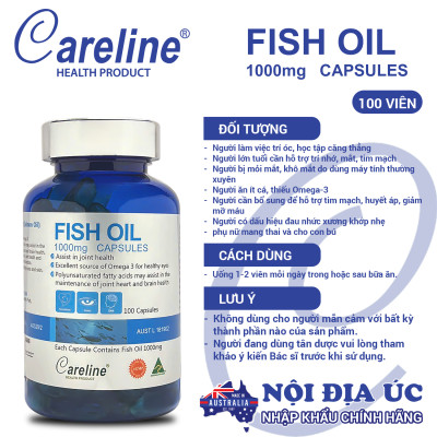 Fish Oil 1000mg Careline Hộp 100 viên dầu cá hồi Úc chứa Omega-3 bổ não sáng mắt tốt cho tim mạch
