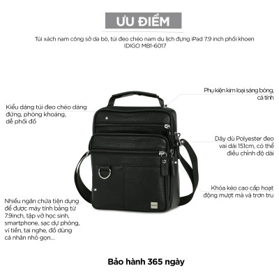Túi xách công sở nam da thật cao cấp, túi đeo chéo nam đựng IPAD 7.9 inch phối khoen thanh lịch IDIGO MB1 - 6017