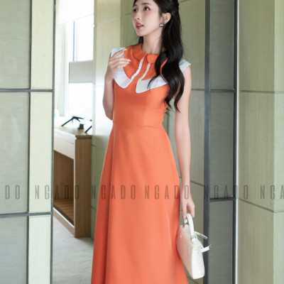 Đầm cam cổ sen phối trắng NGADO, đầm dự tiệc , đầm dạo phố