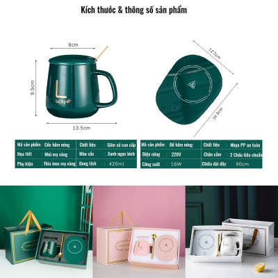 Cốc Hâm Nóng, Bộ Ly Sứ Kèm Đế Điện Hâm Nóng Trà, Cafe, Hâm Sữa + Tặng Kèm Thìa Vàng, Hộp Sang Trọng, Bộ Cốc Sứ Tiện Lợi