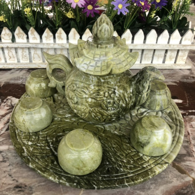 Bộ ấm trà chạm rồng đá ngọc serpentine