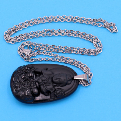 Vòng cổ Phổ Hiền Bồ Tát - thạch anh đen 3.6cm DITTEB2 - dây inox bạc - tuổi Thìn, Tỵ