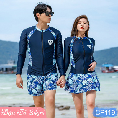 Đồ Bơi Đôi Big Size Dài Tay & Quần Dài Chống Nắng 3-4 chi tiết, bộ bơi size đại có áo khóa kéo dễ mặc, cỡ lớn đến 125kg, thun lạnh Lycra dày mịn mát | BN119 & KT119