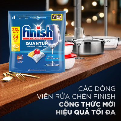 Viên Rửa Chén Bát Finish Powerball Quantum Powerful Clean & Shine 64 viên