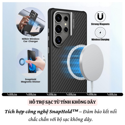 Ốp lưng Carbon Sợi Aramid từ tình chống sốc cho Samsung Galaxy S25 Ultra hiệu Nillkin Aramid Fiber Magnetic - Viền TPU chống va đập, chống bám bẩn, sạc không dây - Hàng nhập khẩu