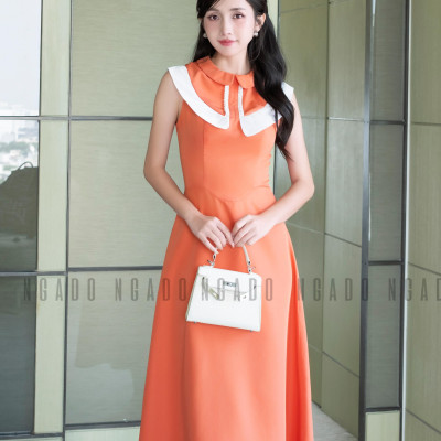 Đầm cam cổ sen phối trắng NGADO, đầm dự tiệc , đầm dạo phố