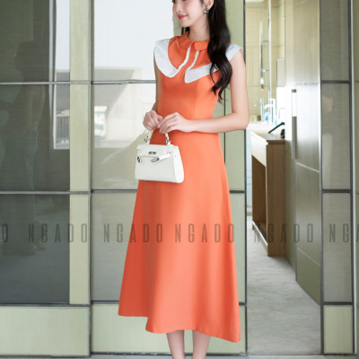 Đầm cam cổ sen phối trắng NGADO, đầm dự tiệc , đầm dạo phố
