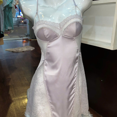 Váy Ngủ D250 Lụa Quảng Châu Phối Ren Mút Lót Tai Thỏ Xinh Xắn