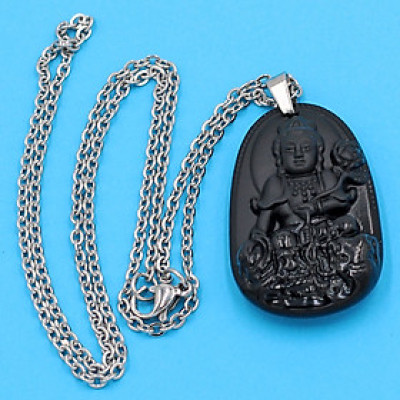 Vòng cổ Phổ Hiền Bồ Tát - thạch anh đen 3.6cm DITTEB2 - dây inox bạc - tuổi Thìn, Tỵ