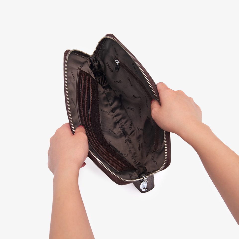 Ví Cầm Tay Clutch Nam GENCE CK11 Da Bò Khóa Số Cao Cấp Màu Nâu Phụ Kiện Vàng Hoặc Bạc
