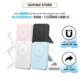 Sạc dự phòng từ tính Anker Zolo 10.000mAh 1 cổng USB-C (tích hợp sẵn cáp)+ Sạc không dây chuẩn Qi, Tối đa 30W- A1685 - Hàng Chính Hãng