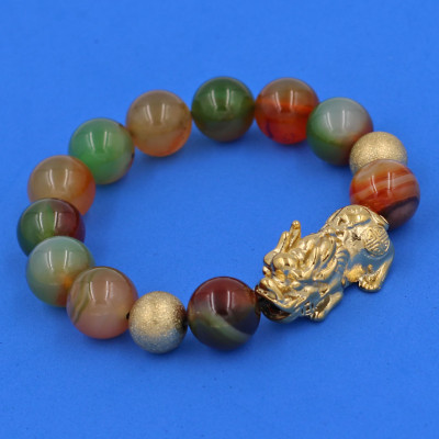 Vòng chuỗi đeo tay mã não tứ quý 14 ly ( size lớn ) charm tỳ hưu và bi inox vàng, vòng tay chuỗi hạt