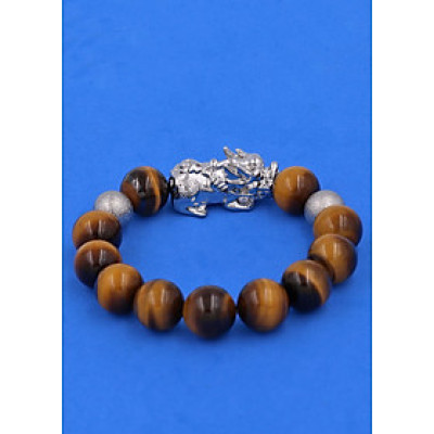 Chuỗi tay đá Mắt Hổ Vàng Đen 14 ly mix Tỳ Hưu inox bạc VMHVETHHBT14 - hợp mệnh Thổ, mệnh Kim - Vòng đeo tay size lớn