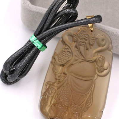 Dây chuyền mặt tượng Quan Công QCN14 - thạch anh khói ( 6.2cm x 4cm ) - kèm hộp nhung