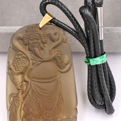 Dây chuyền mặt tượng Quan Công QCN14 - thạch anh khói ( 6.2cm x 4cm ) - kèm hộp nhung