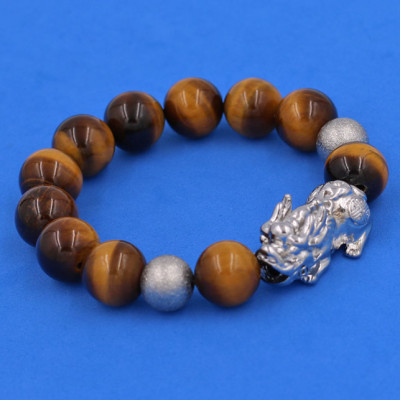 Chuỗi tay đá Mắt Hổ Vàng Đen 14 ly mix Tỳ Hưu inox bạc VMHVETHHBT14 - hợp mệnh Thổ, mệnh Kim - Vòng đeo tay size lớn