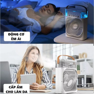 Quạt Điều Hòa Phun Sương Hơi Nước đá lạnh Mini Để Bàn 3 Chế Độ Tích Hợp Led, Chế Độ Hẹn Giờ