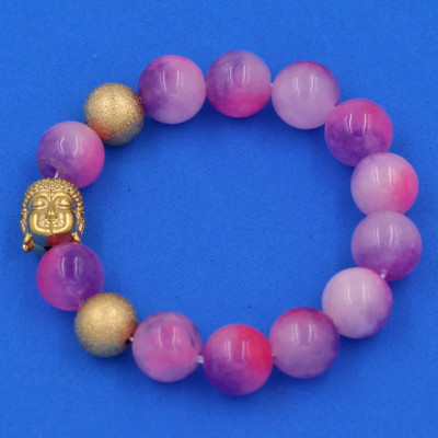 Chuỗi đeo tay Thạch Anh Tím Hồng 14 ly - Vòng tay Phật A Di Đà inox vàng VTAHINLVHB14 - hợp mệnh Hỏa, mệnh Thổ - Vòng đeo tay size lớn