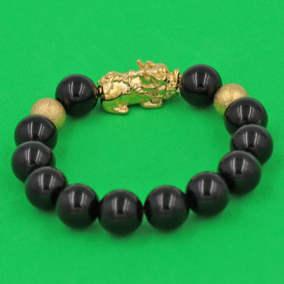 Vòng tay đá Thạch Anh Đen 12 ly - charm Bi vàng - cẩn Tỳ Hưu Phong Thủy inox vàng VTAETHHBV12 - hợp mệnh Thủy, mệnh Mộc