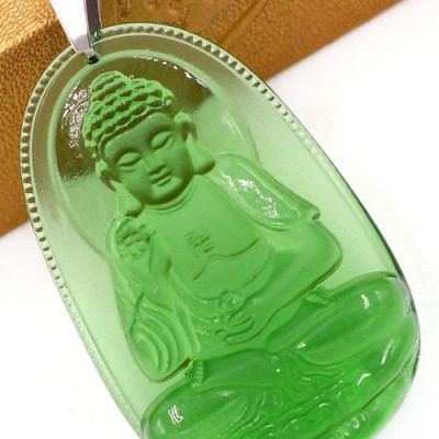 Vòng cổ dây cao su đen mặt Phật A Di Đà pha lê xanh lá 5cm DEFNXL7 - Phật bản mệnh tuổi Tuất, Hợi - Mặt size lớn