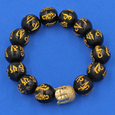 Vòng đeo tay Thạch Anh Đen Phật chú 14 ly cẩn hạt Phật A Di Đà inox vàng VTAEPVNLV14