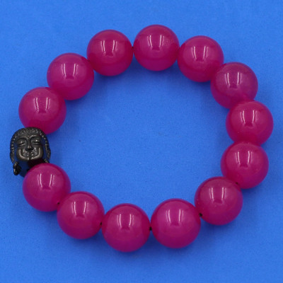 Vòng đeo tay thạch anh hồng 14 ly cẩn hạt Phật A Di Đà inox đen VTAHNLE14 - hợp mệnh Hỏa, mệnh Thổ