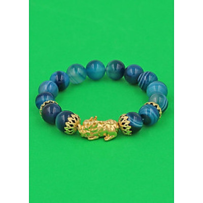 Vòng đeo tay Thạch Anh Xanh Da Trời sọc 12 ly - Vòng tay Tỳ Hưu Phong Thủy Chiêu Tài Lộc inox vàng VTAXBSTHBKV12