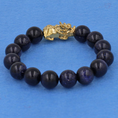 Chuỗi đeo tay đá lam sa 12 ly - cẩn Tỳ Hưu inox vàng VLSTHV12