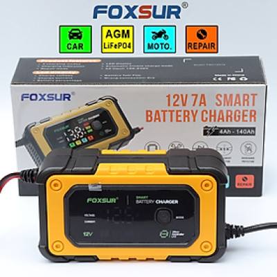 ạc bình ắc quy Foxsur 7A 12V(4Ah - 140Ah)sạc cho cả pin LiFePO4 tự ngắt khử sunfat chống ngược cực chống chập