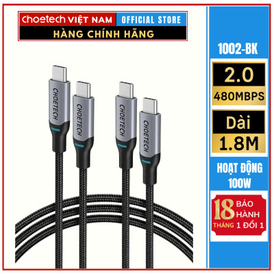 Cáp Sạc Choetech XCC-1002  Nhanh 100W Type C to Type C Dài 1.8M (Hàng chính hãng)