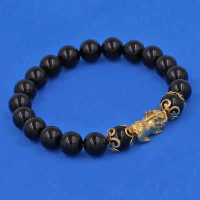 Vòng tay Đá Thạch Anh Đen 8 ly - cẩn Tỳ Hưu Phong Thủy inox vàng VTAETHHKV8 - hợp mệnh Mộc, mệnh Thủy