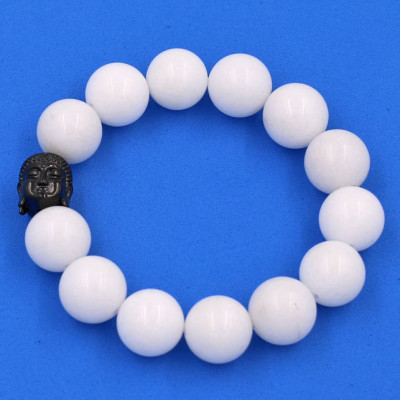 Vòng đeo tay san hô trắng 14 ly cẩn hạt Phật A Di Đà inox đen VSHTNLE14 - hợp mệnh Kim, mệnh Thủy