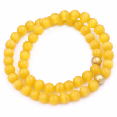 [Mệnh Kim, Thổ] Vòng Chuỗi Đôi 6 Ly Đá Mắt Mèo Vàng Charm Bi Inox VMEVHBD