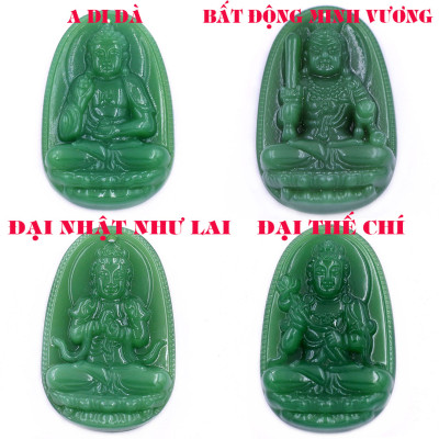 Mặt dây chuyền Phật A di đà đá xanh 2.2 x 3.6cm ( size trung ) kèm vòng cổ dây cao su xanh lá + móc inox, Phật bản mệnh