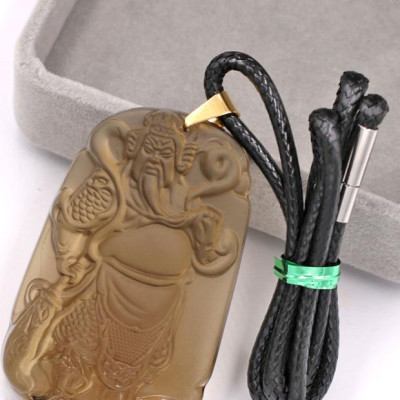 Dây chuyền mặt tượng Quan Công QCN14 - thạch anh khói ( 6.2cm x 4cm ) - kèm hộp nhung