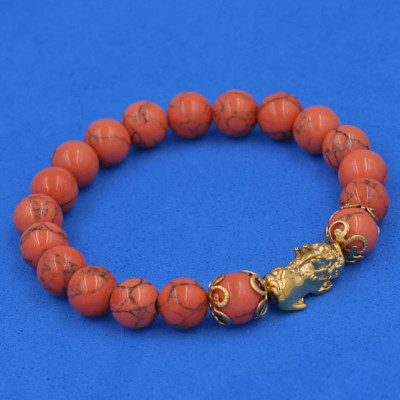 Vòng tay chuỗi hạt San Hô Cam Sọc 8 ly - cẩn Tỳ Hưu Phong Thủy inox vàng VSHCSTHHKV8 - hợp mệnh Hỏa, mệnh Thổ