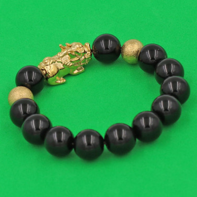 Vòng tay đá Thạch Anh Đen 12 ly - charm Bi vàng - cẩn Tỳ Hưu Phong Thủy inox vàng VTAETHHBV12 - hợp mệnh Thủy, mệnh Mộc