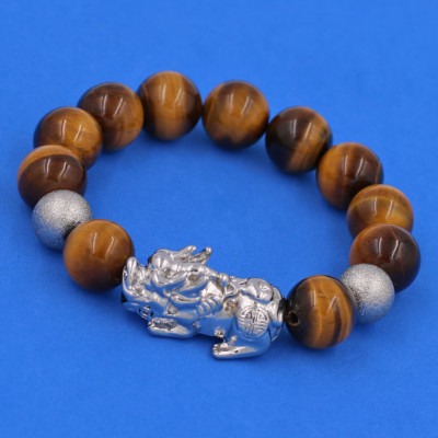 Chuỗi tay đá Mắt Hổ Vàng Đen 14 ly mix Tỳ Hưu inox bạc VMHVETHHBT14 - hợp mệnh Thổ, mệnh Kim - Vòng đeo tay size lớn