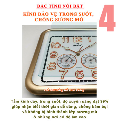 Đồng Hồ Treo Tường EASTAR Cao Cấp Có DẠ QUANG Và NHIỆT ẨM KẾ CƠ (Không Dùng Pin) - Máy Kim Trôi - SỐ NỔI 3D - Hình Vuông Mặt Trắng - Tặng Pin Maxell