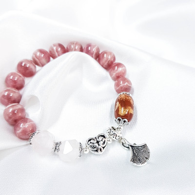 Vòng tay mệnh hỏa, thổ đá đào hoa, thạch anh hồng mix đá mã nảo+ charm lá quạt LAT.105