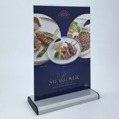Kệ menu nhà hàng, Standee mica để bàn, Bảng quét mã QR Code, Kệ mica 2 mặt Enter E35 300x210mm đế nhôm A4 ngang