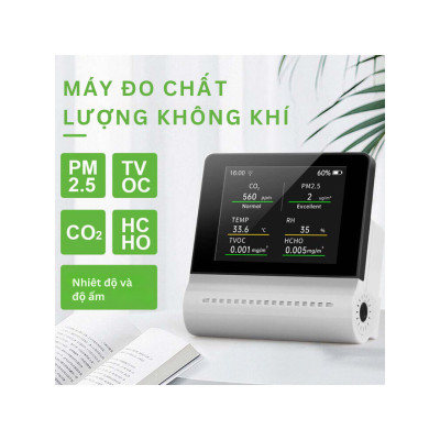 Thiết bị đo chất lượng không khí JMS-16: Màn hình cảm ứng 3,2 inch, đo chính xác TVOC, CO2, PM2.5, PM10, formaldehyde (HCHO), nhiệt độ và độ ẩm; pin lithium 1500mAh, cảnh báo ô nhiễm thời gian thực; kết nối qua app di động tiện lợi - Hàng Nhập Khẩu