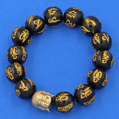 Vòng đeo tay Thạch Anh Đen Phật chú 14 ly cẩn hạt Phật A Di Đà inox vàng VTAEPVNLV14